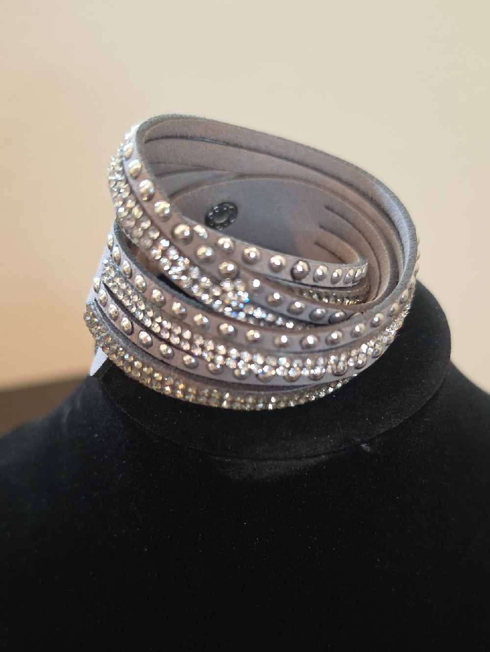 Grey Leather Wrap Bracelet with Crystal and Stud Detailing
